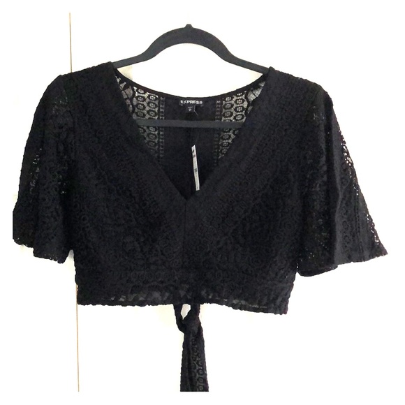 Express Tops - Express Lacey black Tie-Back Black Crop Top.